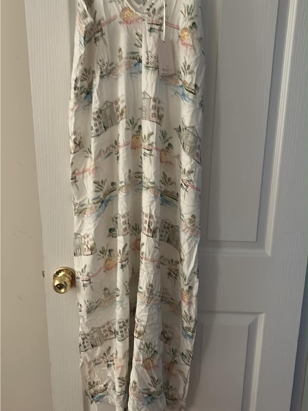 Charleston print slip gown with Pastel Multi-Color Scenic Print